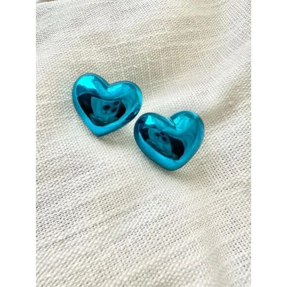 Bright blue chrome heart stud earrings  - Picture 1 of 3